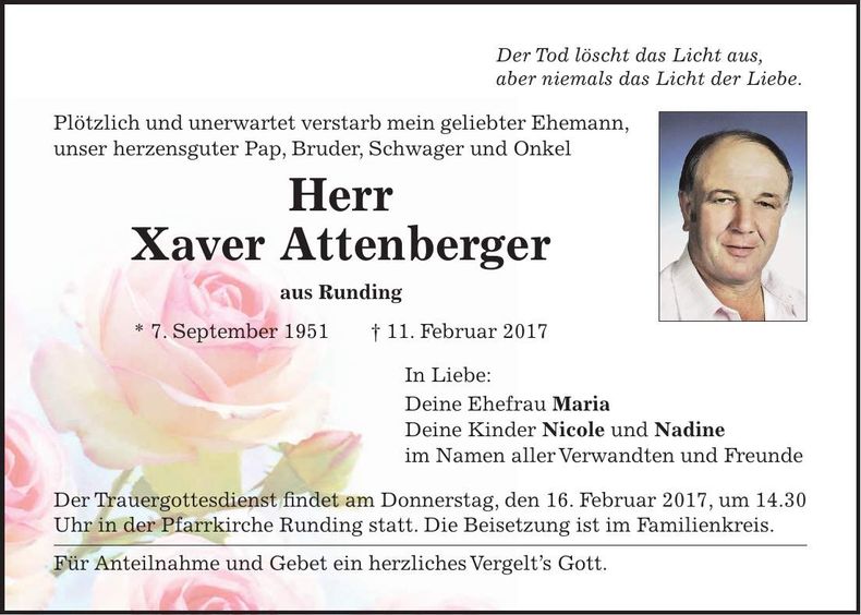 Traueranzeige Xaver Attenberger