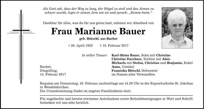 Traueranzeige Marianne Bauer