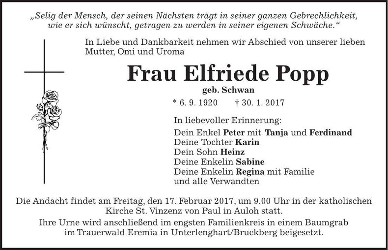 Traueranzeige Elfriede Popp
