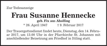 Traueranzeige Susanne Hennecke