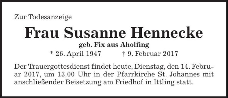 Traueranzeige Susanne Hennecke