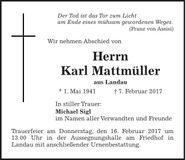Traueranzeige Karl Mattmüller