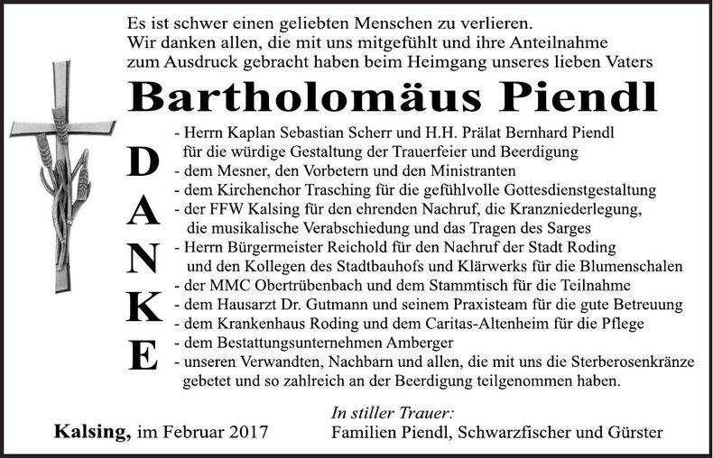 Traueranzeige Bartholomäus Piendl