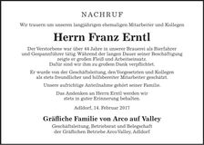 Traueranzeige Franz Erntl