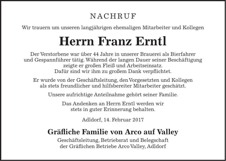 Traueranzeige Franz Erntl