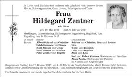 Traueranzeige Hildegard Zentner
