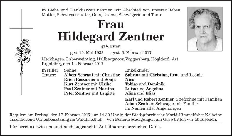 Traueranzeige Hildegard Zentner