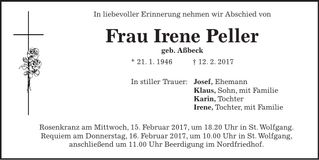 Traueranzeige Irene Peller