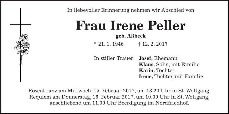 Traueranzeige Irene Peller