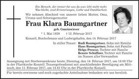 Traueranzeige Klara Baumgartner