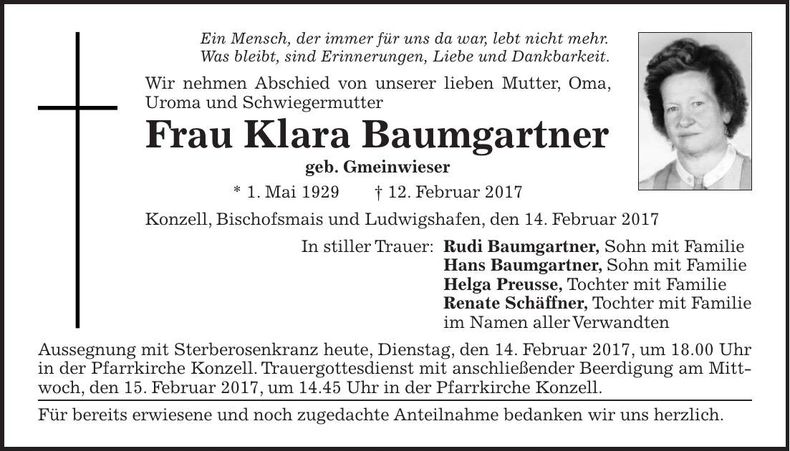 Traueranzeige Klara Baumgartner
