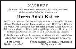 Traueranzeige Adolf Kaiser