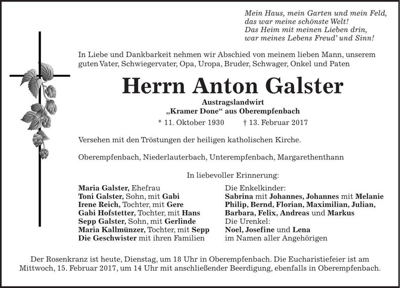 Traueranzeige Anton Galster