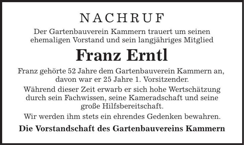 Traueranzeige Franz Erntl