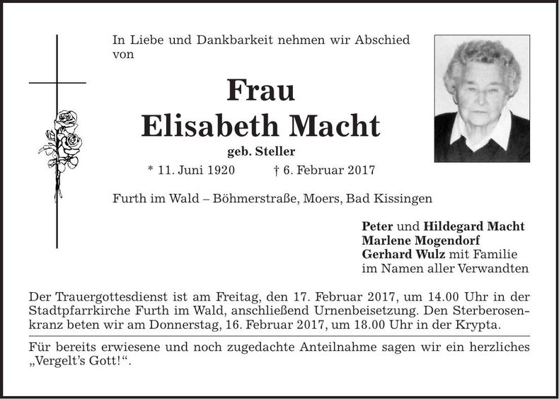 Traueranzeige Elisabeth Macht