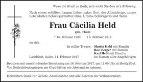 Traueranzeige Cäcilia Held