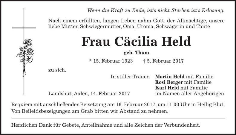 Traueranzeige Cäcilia Held