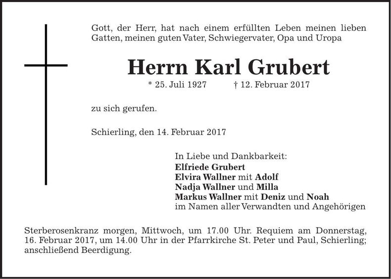 Traueranzeige Karl Grubert