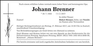 Traueranzeige Joahnn Brenner