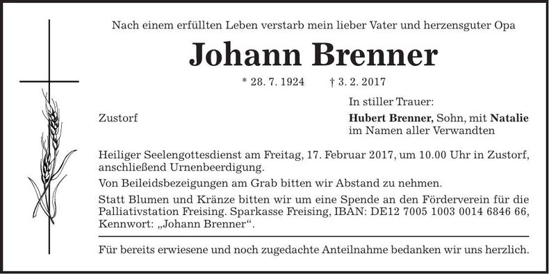 Traueranzeige Joahnn Brenner