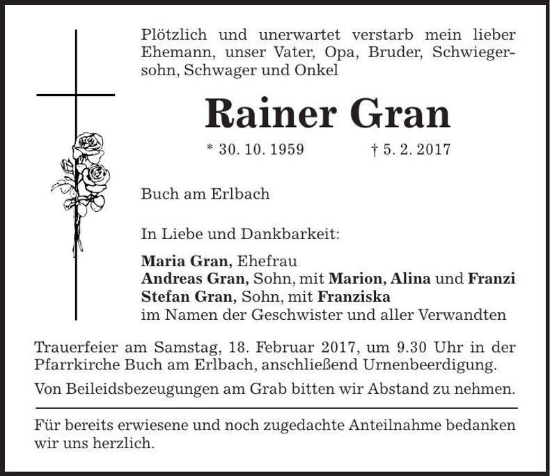 Traueranzeige Rainer Gran
