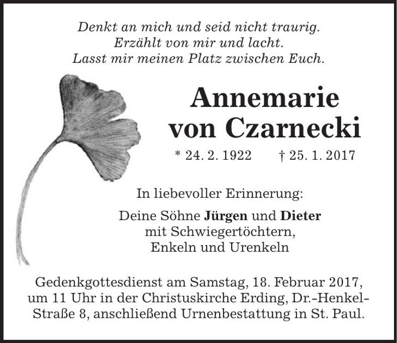 Traueranzeige Annemarie von Czarnecki