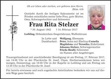 Traueranzeige Rita Stelzer