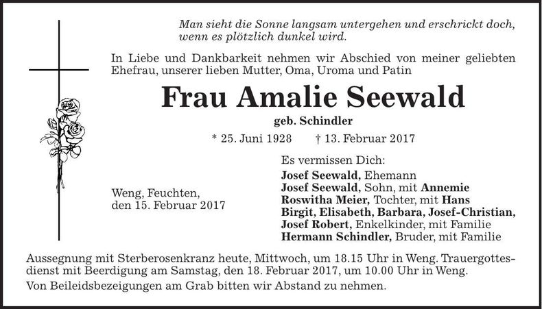 Traueranzeige Amalie Seewald
