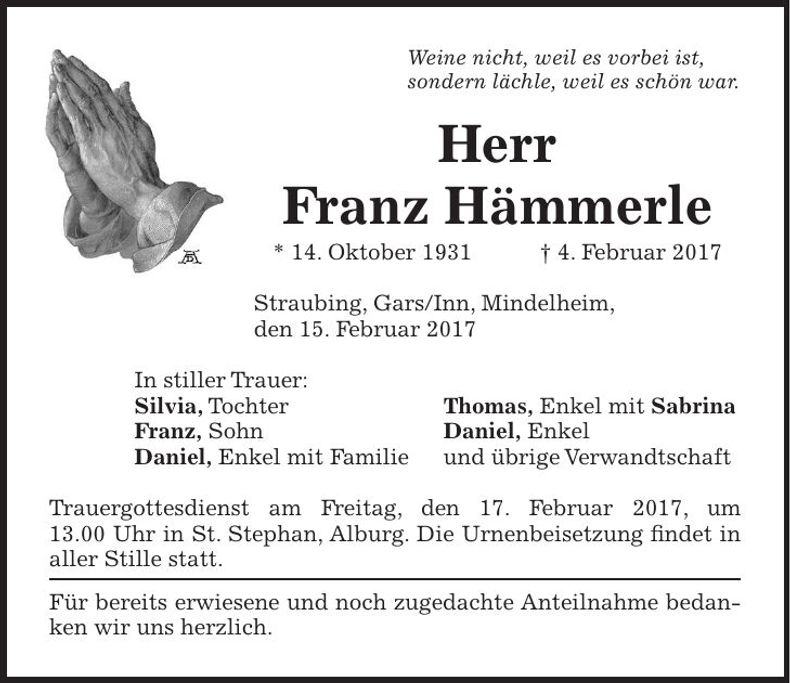 Traueranzeige Franz Hämmerle