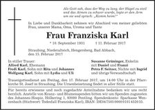 Traueranzeige Franziska Karl