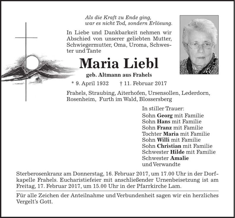 Traueranzeige Maria Liebl