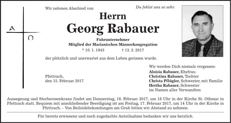 Traueranzeige Georg Rabauer