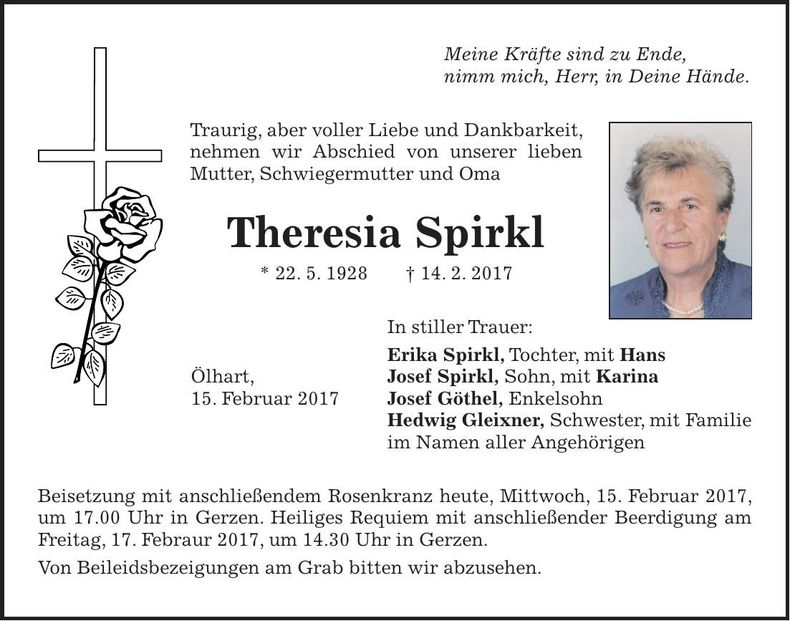 Traueranzeige Theresia Spirkl