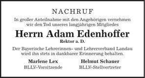 Traueranzeige Adam Edenhoffer