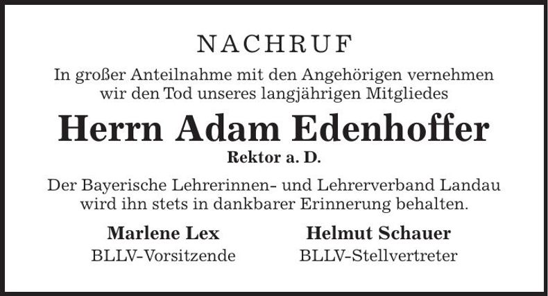Traueranzeige Adam Edenhoffer
