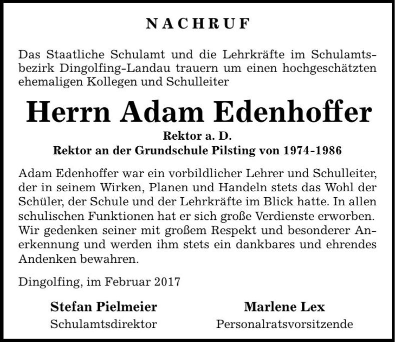 Traueranzeige Adam Edenhoffer