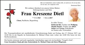 Traueranzeige Kreszenz Dietl