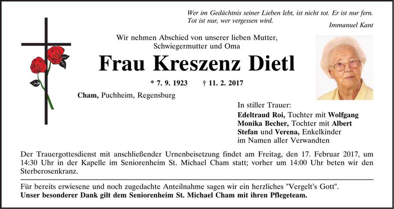Traueranzeige Kreszenz Dietl