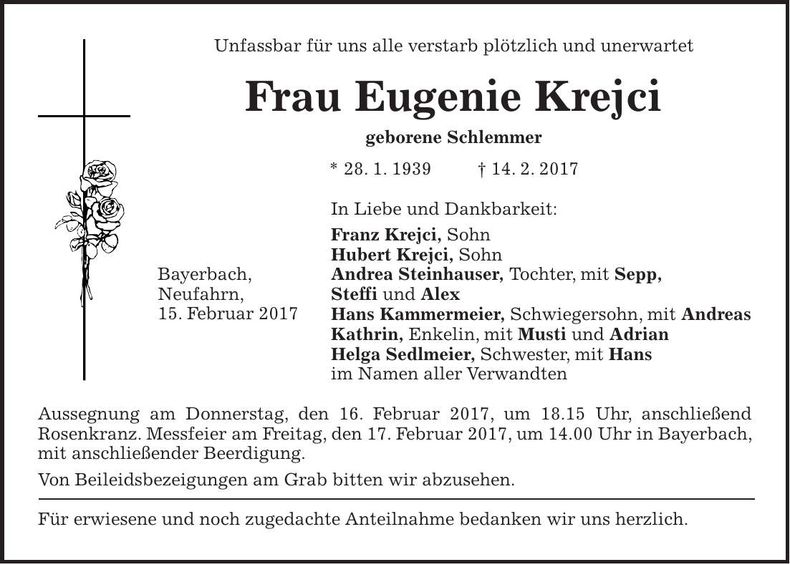 Traueranzeige Eugenie Krejci