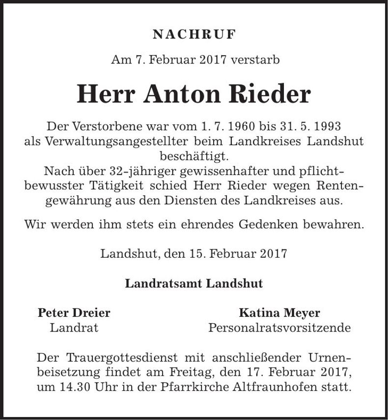 Traueranzeige Anton Rieder