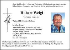 Traueranzeige Hubert Weigl