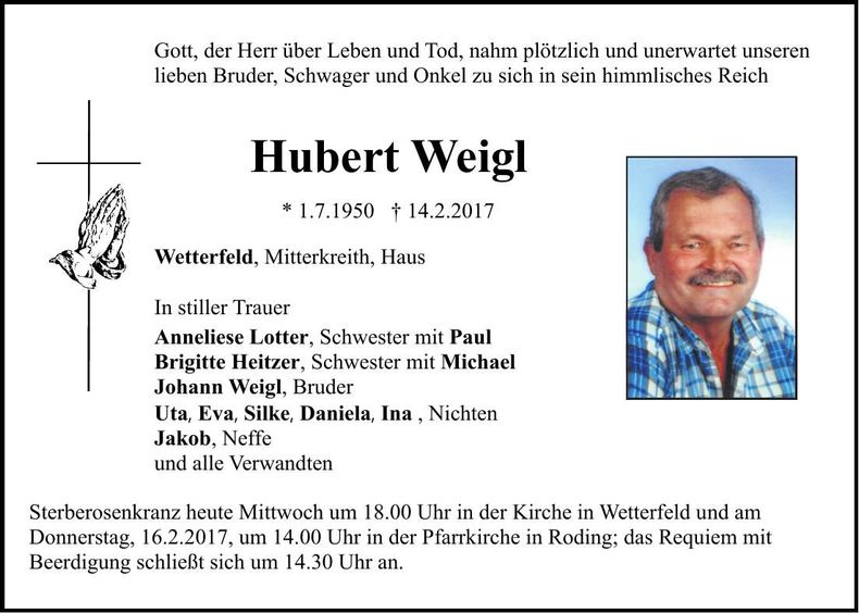Traueranzeige Hubert Weigl