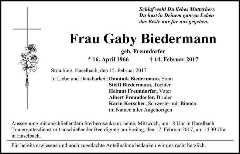 Traueranzeige Gaby Biedermann