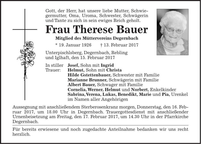 Traueranzeige Therese Bauer