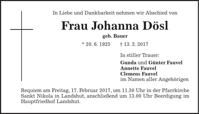 Traueranzeige Johanna Dösl