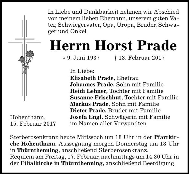 Traueranzeige Horst Prade