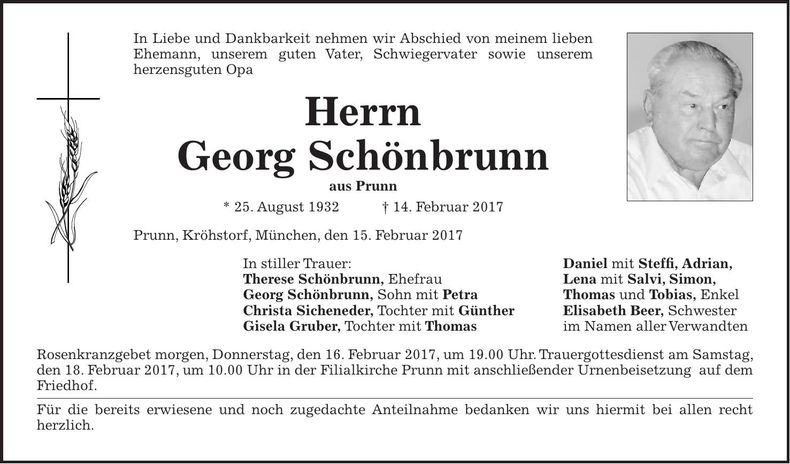 Traueranzeige Georg Schönbrunn