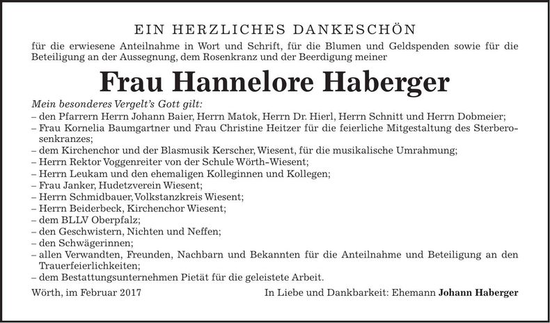 Traueranzeige Hannelore Haberger