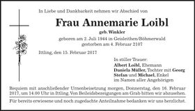 Traueranzeige Annemarie Loibl