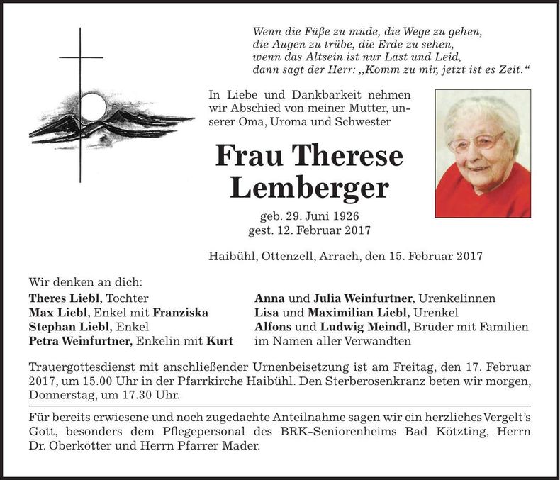 Traueranzeige Therese Lemberger